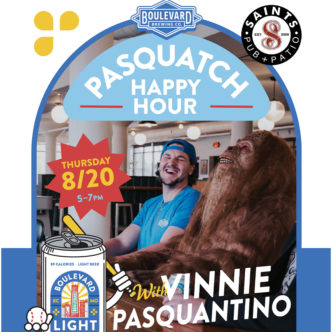 A man in a blue shirt and cap laughs while sitting next to someone in a sasquatch costume at a bar. Text on the image promotes “Pasquatch Happy Hour” with Vinnie Pasquantino on Thursday 8/20, 5-7 PM.