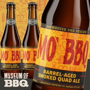 Three bottles of Boulevard Brewing Co.'s MO' BBQ Barrel-Aged Smoked Quad Ale with bold orange and yellow labeling. The background has BBQ-themed illustrations and the text "Museum of BBQ.