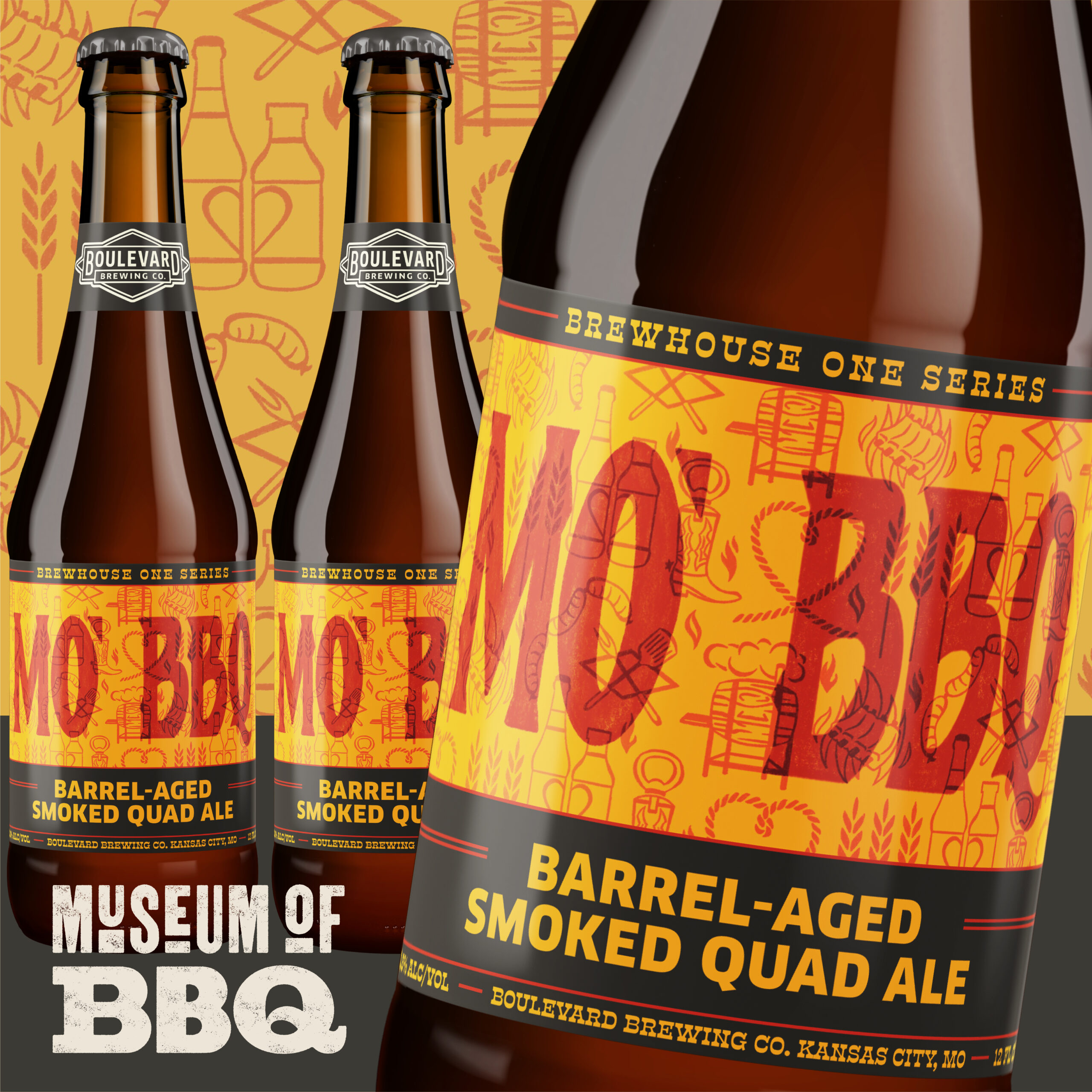 Three bottles of Boulevard Brewing Co.'s MO' BBQ Barrel-Aged Smoked Quad Ale with bold orange and yellow labeling. The background has BBQ-themed illustrations and the text "Museum of BBQ.