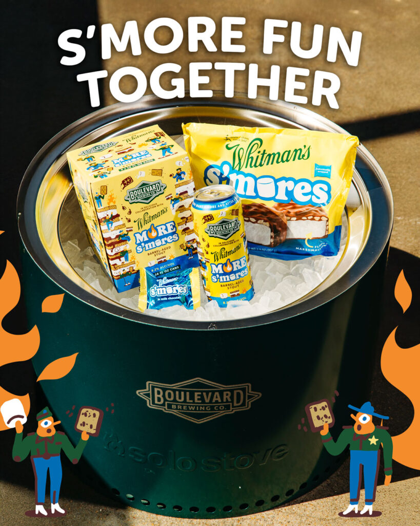 A green Boulevard Brewing Co. cooler filled with ice holds Boulevard More S’mores beer cans and a Whitman’s S’mores box. The text "S'MORE FUN TOGETHER" appears above, with illustrated s’mores and campfire characters on both sides.