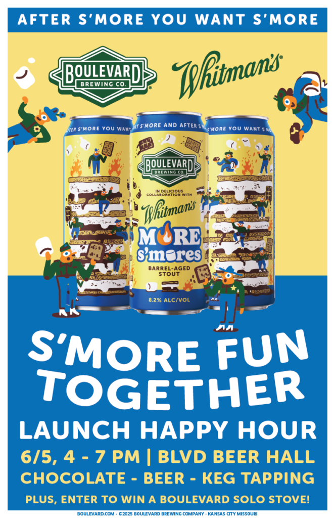 Poster for Boulevard Brewing Co.’s S’more Fun Together Happy Hour, featuring cans of Barrel-Aged Stout, cartoon people celebrating, and event details: June 5, 4–7 pm, beer, chocolate, keg tapping, and a prize drawing.