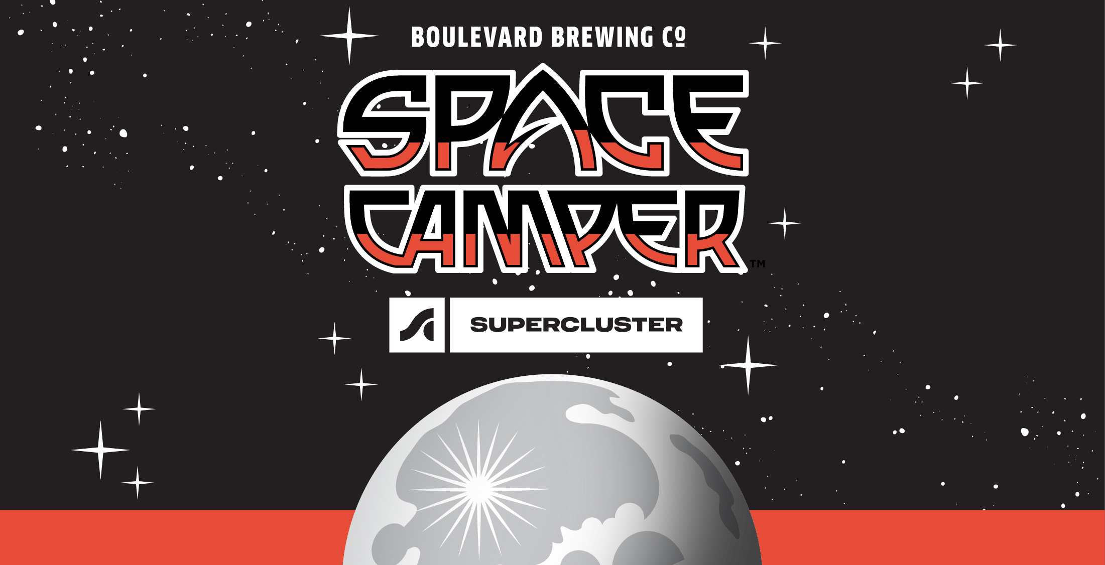 Stylized image with the text "Boulevard Brewing Co Space Camper Supercluster." The background features stars and a gray planet or moon with a burst of light, above a red horizon.