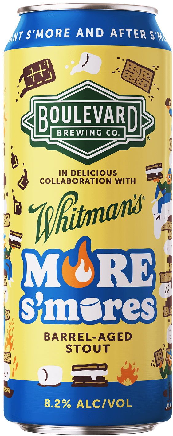 A can of Boulevard Brewing Co. and Whitman's More S'mores Barrel-Aged Stout, featuring marshmallow, graham cracker, and chocolate illustrations, with 8.2% alcohol by volume.