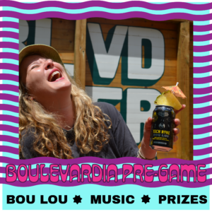 A smiling person with long hair and a hat holds a decorated can, laughing in front of a sign. The image is framed with colorful text: "Boulevardia Pre-Game," "Bou Lou," "Music," and "Prizes.