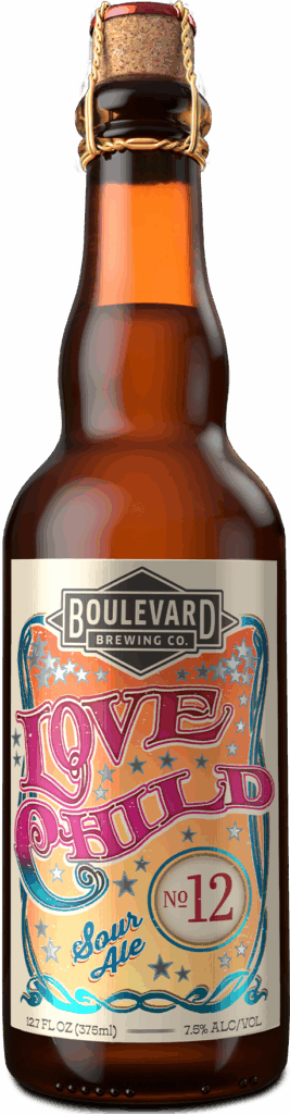 A brown glass bottle of Boulevard Brewing Co.'s "Love Child No. 12" Sour Ale, featuring a colorful label with bold, decorative text and star designs. The bottle is sealed with a cork and wire cage.