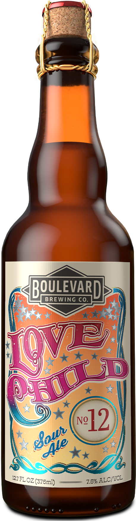 A brown glass bottle of Boulevard Brewing Co.'s "Love Child No. 12" Sour Ale, featuring a colorful label with bold, decorative text and star designs. The bottle is sealed with a cork and wire cage.