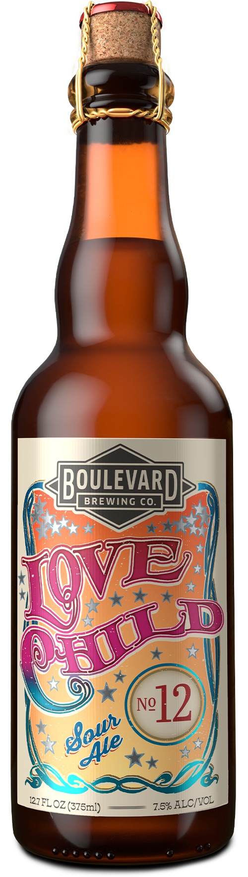 A brown glass bottle of Boulevard Brewing Co.'s "Love Child No. 12" Sour Ale, featuring a colorful label with bold, decorative text and star designs. The bottle is sealed with a cork and wire cage.