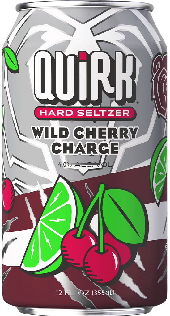 A 12 fl oz can of Quirk Hard Seltzer in Wild Cherry Charge flavor, featuring illustrations of cherries and lime slices on a metallic background with bold red, green, and silver accents.