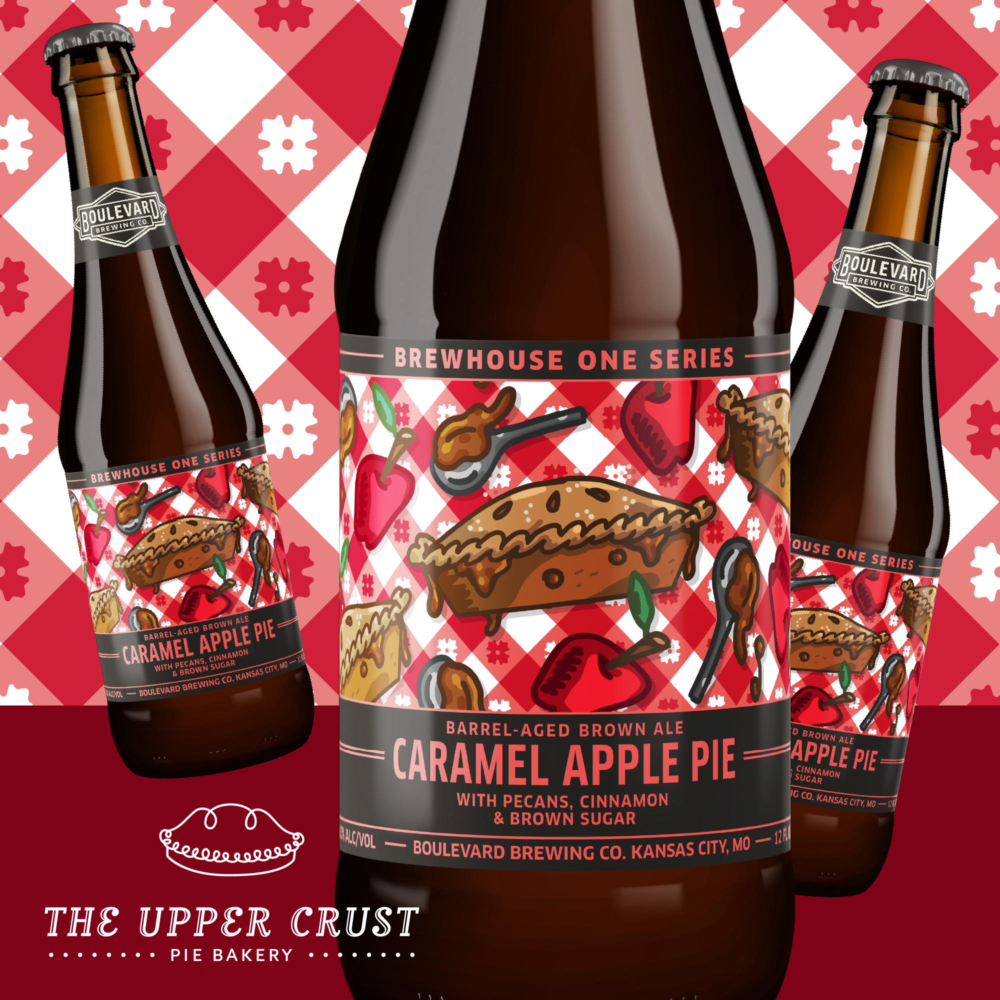 A bottle of Boulevard Brewing Co.'s Caramel Apple Pie ale with a festive label featuring pie, apples, pecans, and cinnamon sticks. The Upper Crust Pie Bakery logo sits above a red and white checkered background—perfect for a slow rise doughnuts pop-up.