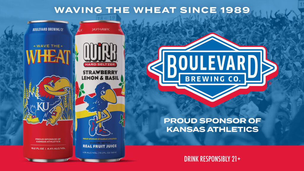 Two cans of Boulevard Brewing Co. drinks, featuring Kansas Jayhawks imagery and branding, are shown in front of a crowd. Text highlights Boulevard as a proud sponsor of Kansas Athletics.