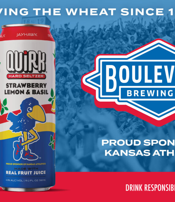 Two cans of Boulevard Brewing Co. drinks, featuring Kansas Jayhawks imagery and branding, are shown in front of a crowd. Text highlights Boulevard as a proud sponsor of Kansas Athletics.