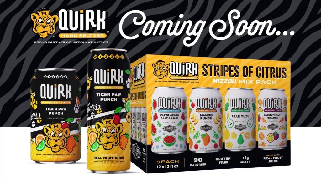 A promotional image for Quirk Hard Seltzer featuring two cans of Tiger Paw Punch and a Stripes of Citrus mix pack. "Coming Soon..." is written above with a zebra stripe background and a tiger mascot logo.