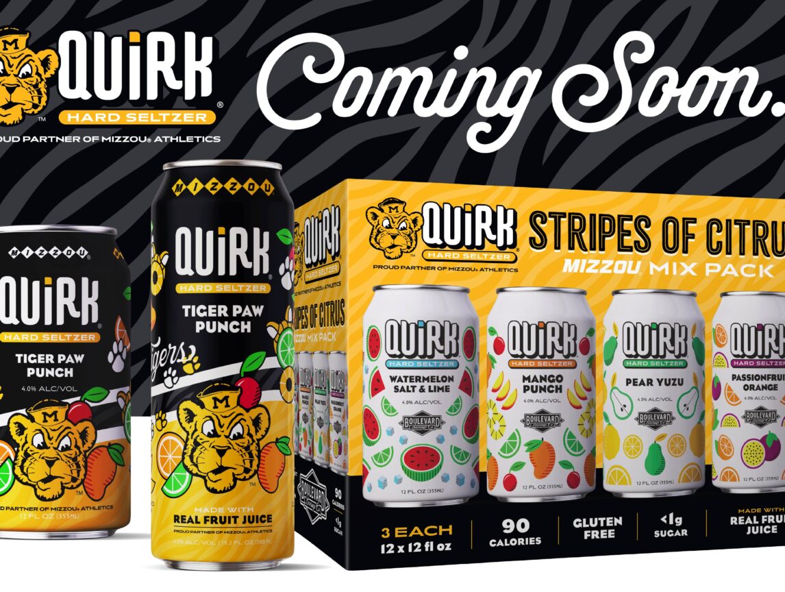 A promotional image for Quirk Hard Seltzer featuring two cans of Tiger Paw Punch and a Stripes of Citrus mix pack. "Coming Soon..." is written above with a zebra stripe background and a tiger mascot logo.