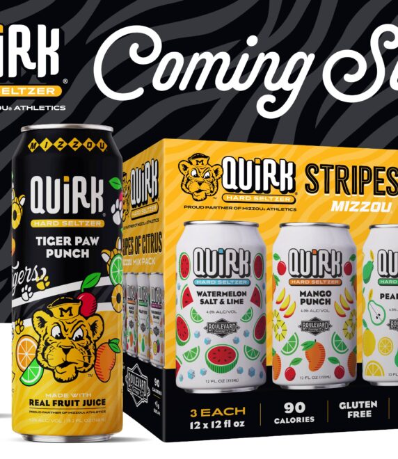 A promotional image for Quirk Hard Seltzer featuring two cans of Tiger Paw Punch and a Stripes of Citrus mix pack. "Coming Soon..." is written above with a zebra stripe background and a tiger mascot logo.