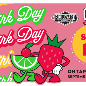 Colorful poster for Quirk Day featuring cartoon strawberry and watermelon characters with arms and legs, event details for September 19, 12–8 p.m., and logos for Boulevard Brewing Co. and Quirk Hard Seltzer.