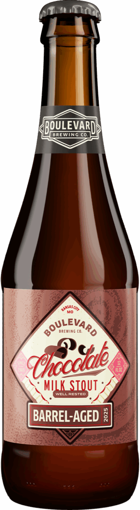 A brown glass bottle of Boulevard Brewing Co.’s Barrel-Aged Chocolate Milk Stout, featuring a vintage-style label in pink and brown tones with decorative fonts and brewery branding.
