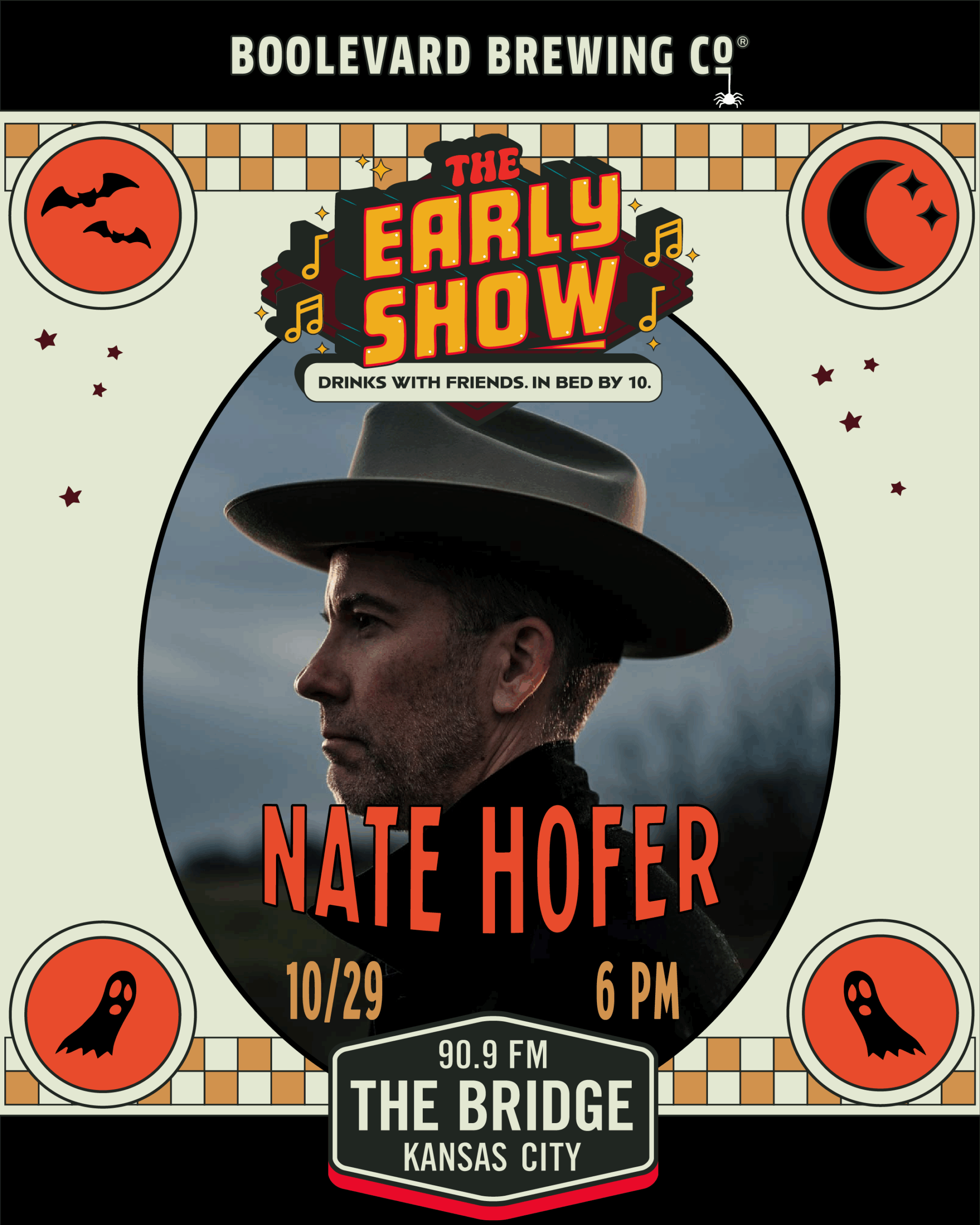 Poster for "The Early Show" featuring musician Nate Hofer in profile wearing a hat. Join us 10/29 at 6 PM at The Bridge in Kansas City. Halloween-themed border with bats, ghosts, and moons highlights the early show vibe.