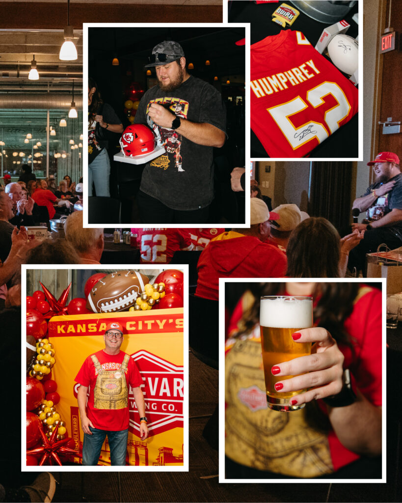 A Kansas City Chiefs fan event featuring people in Chiefs gear, signed memorabilia, and themed balloons creates an electrifying atmosphere. Highlights include a man with a gift bag, a close-up of a hand with red nail polish holding a pint of Boulevard beer, and fans eagerly hoping for an autograph from Creed Humphrey.