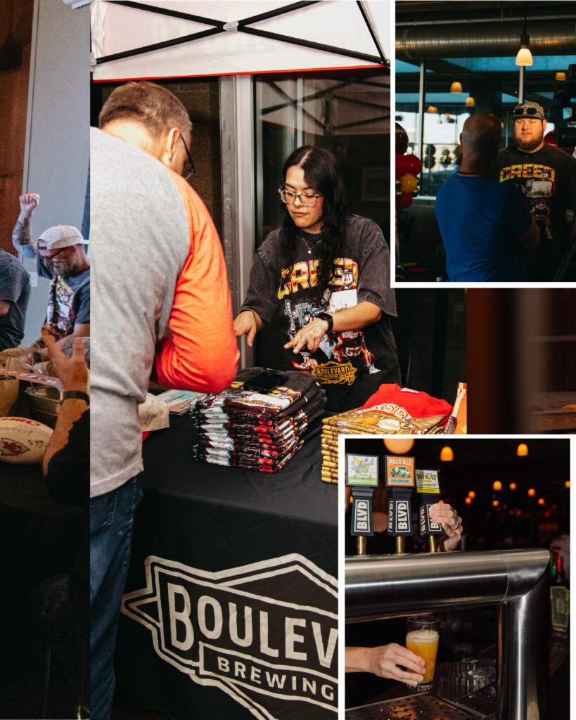 A woman hands out T-shirts at a booth labeled “Boulevard Brewing.” Smaller images show people talking, a person in a “Creed Humphrey” shirt, and beer taps with a hand pouring a Boulevard drink.