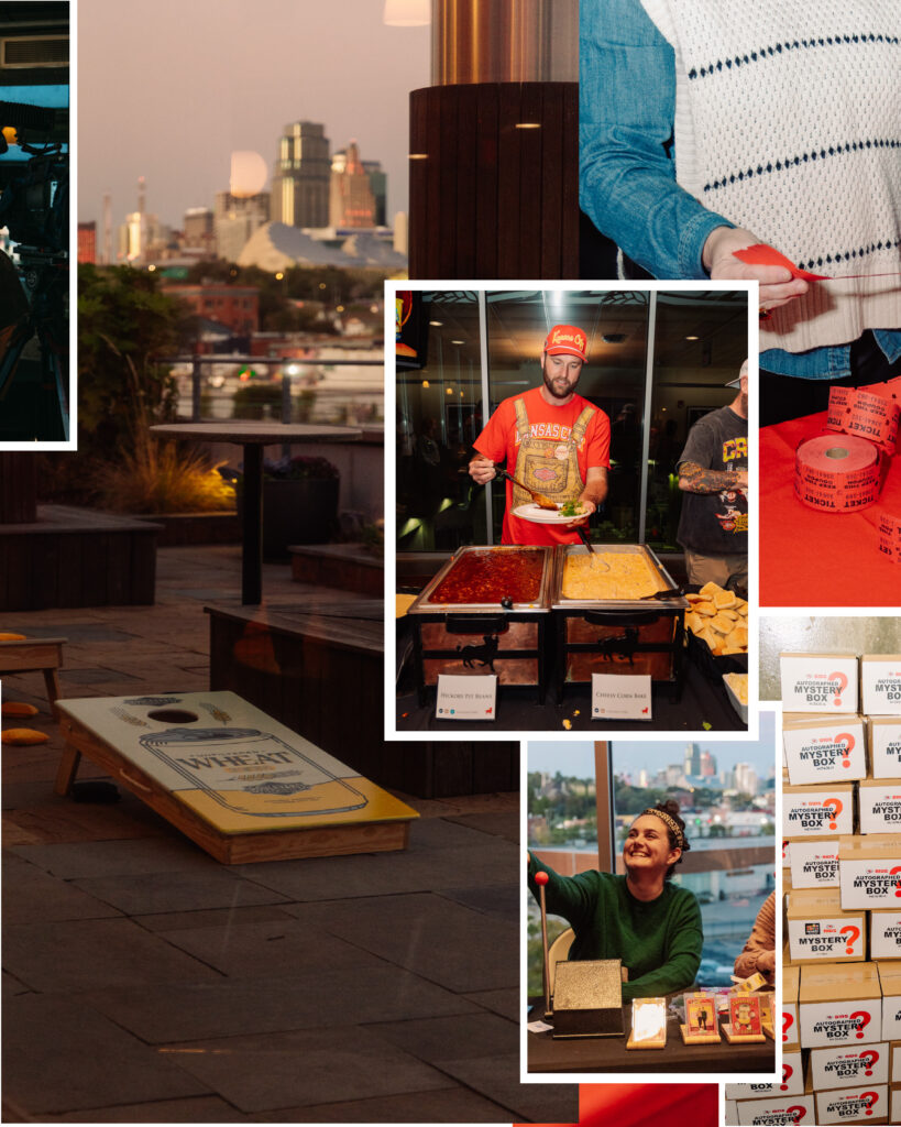 A collage showing people at an outdoor event: one plays cornhole, another serves food, a person gestures near raffle tickets, and others interact at a table with event swag. The lively scene unfolds against a city skyline, while Boulevard beverages are enjoyed and fans sport Creed Humphrey jerseys, adding to the community spirit.