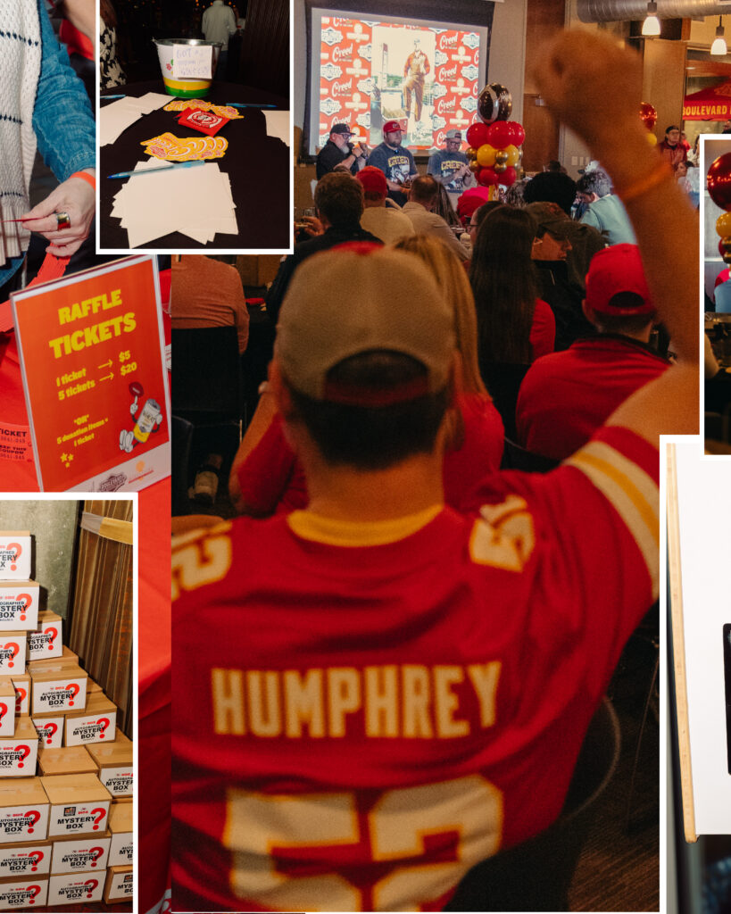 A person in a red “Humphrey 52” jersey raises a fist at a packed Boulevard event with raffle tickets, games, and festive red-and-gold decor. Inset images highlight raffle tickets, prizes, and a box wall—perfectly celebrating the spirited atmosphere inspired by Creed Humphrey.