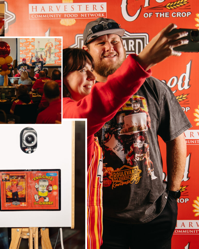 Collage of people at a Harvesters event: a man and woman take a selfie in front of a Chiefs backdrop, guests enjoy Boulevard brews as they gather at tables, and a closeup shows a photo booth screen with football-themed graphics featuring Creed Humphrey.