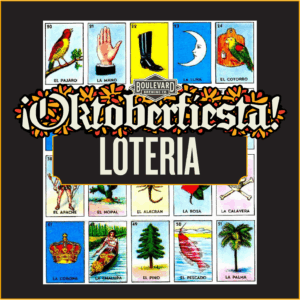 A colorful Mexican Lotería card grid with various images, overlaid by a decorative sign reading "Boulevard Brewing Co. Oktoberfiesta! Lotería" in bold text.