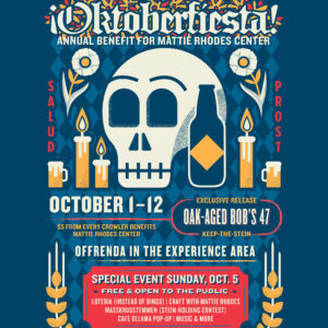 Oktoberfiesta event poster with a large sugar skull, beer bottle, marigold flowers, and festive decorations. Details include dates October 1–12, special events, fundraiser info, and a featured Crowler release.