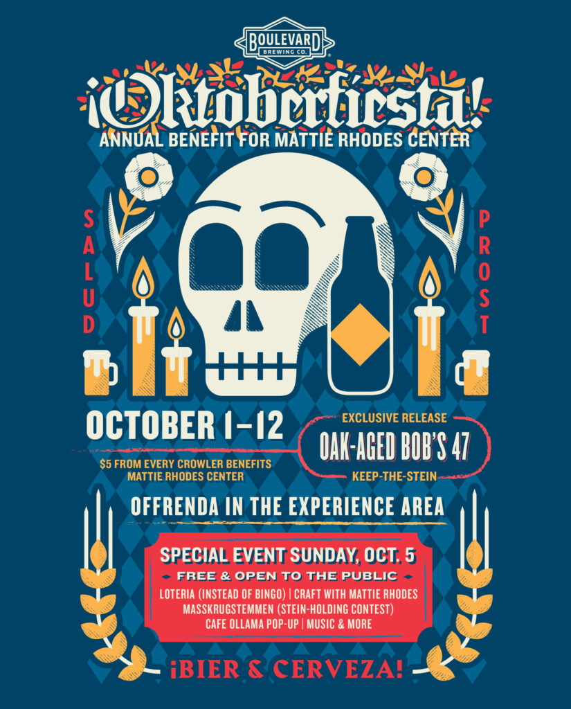 Oktoberfiesta event poster with a large sugar skull, beer bottle, marigold flowers, and festive decorations. Details include dates October 1–12, special events, fundraiser info, and a featured Crowler release.