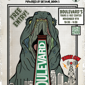 Illustrated poster of a giant monster behind a tall building labeled "BOULEVARD," with cityscape, event details, and text: “TOWERCON TAKES BOULEVARD,” “FREE ENTRY!” and “November 9th, 10:30–4:30.”.