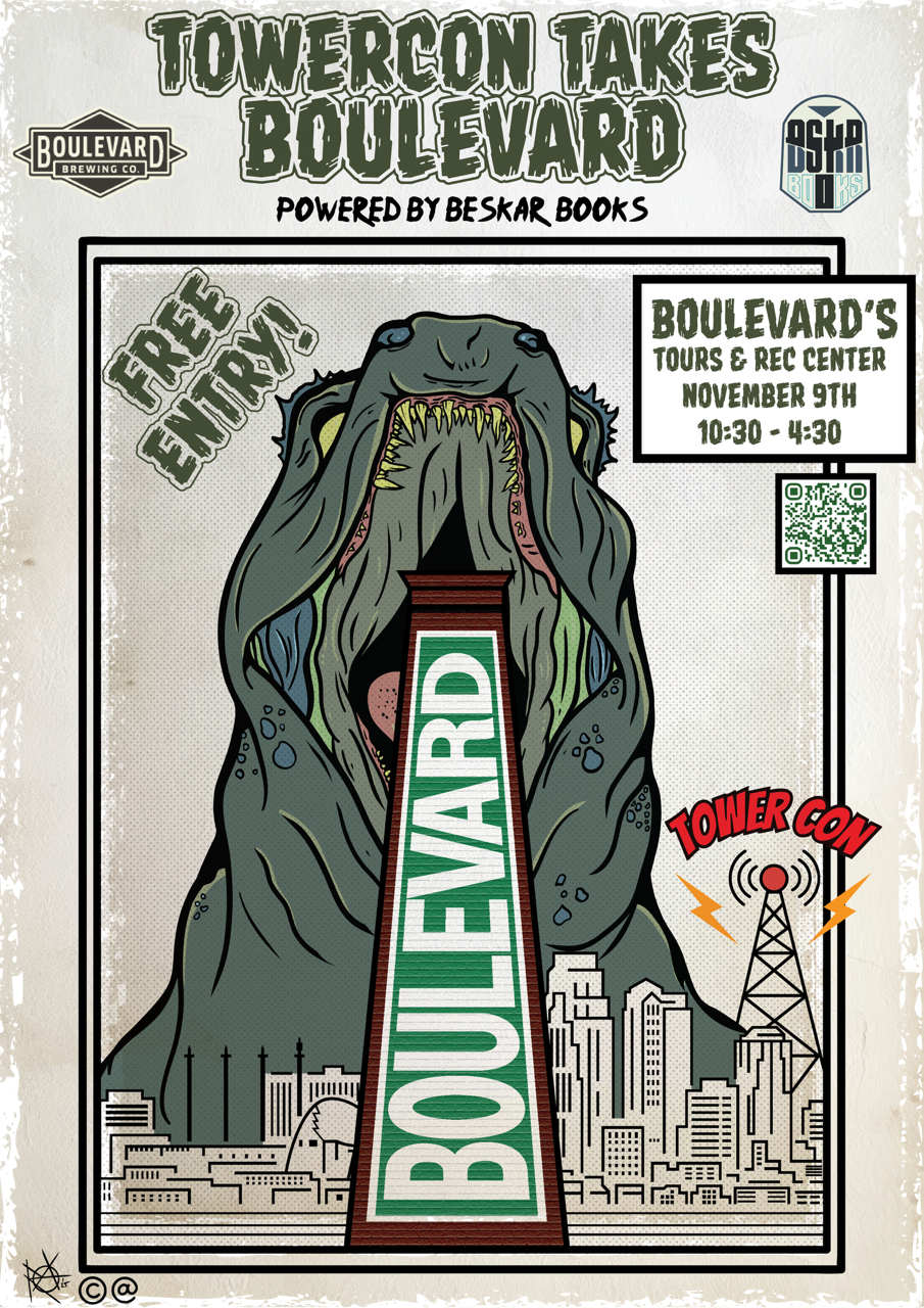 Illustrated poster of a giant monster behind a tall building labeled "BOULEVARD," with cityscape, event details, and text: “TOWERCON TAKES BOULEVARD,” “FREE ENTRY!” and “November 9th, 10:30–4:30.”.
