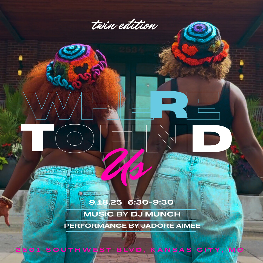 Two women with colorful crocheted hats and denim outfits stand hand in hand, facing away from the camera. Event details for "Where to Find Us" are overlaid, including date, time, and location in Kansas City, MO.