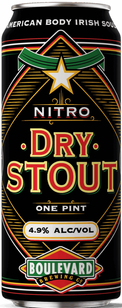 A can of Boulevard Brewing Co. Nitro Dry Stout, featuring bold red, gold, and green text on a black background. The label shows 4.9% alcohol by volume and describes the beer as "American Body Irish Soul.