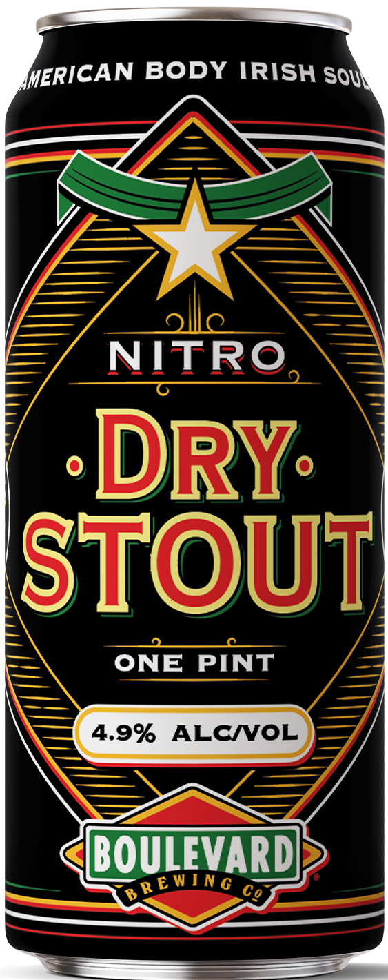 A can of Boulevard Brewing Co. Nitro Dry Stout, featuring bold red, gold, and green text on a black background. The label shows 4.9% alcohol by volume and describes the beer as "American Body Irish Soul.