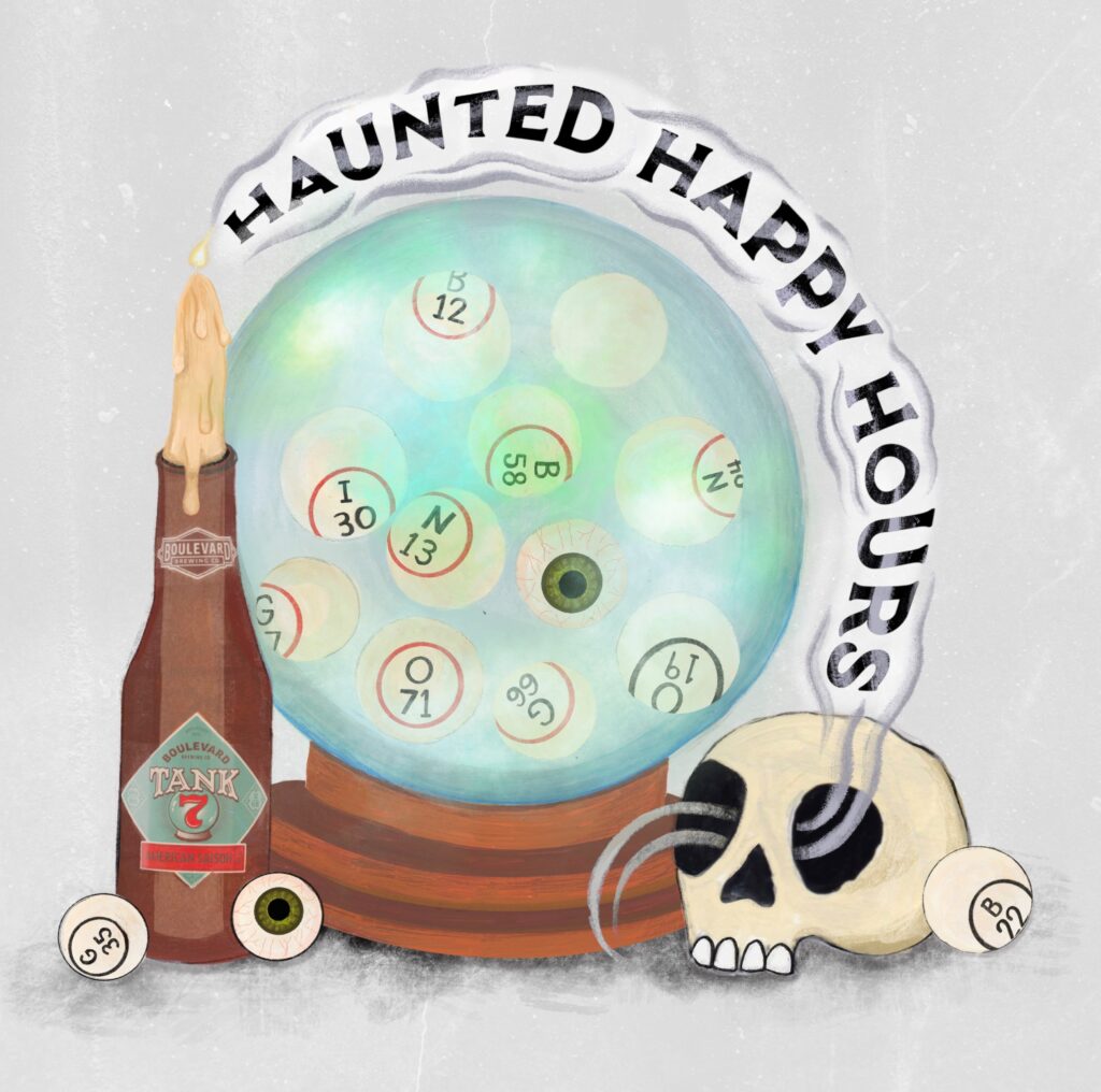 An illustration featuring a crystal ball with bingo numbers inside, a candle-topped beer bottle, a skull, and bingo balls. Above, smoke spells out "Haunted Happy Hours" in stylized text—perfect for Rec Deck the Halls festivities.
