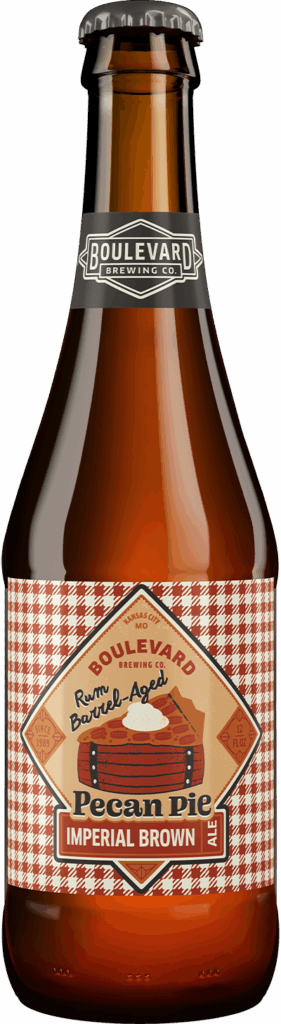 A brown glass bottle of Boulevard Brewing Co. Rum Barrel-Aged Pecan Pie Imperial Brown Ale, featuring a red and cream checkered label with an illustration of a pie and rum barrel.