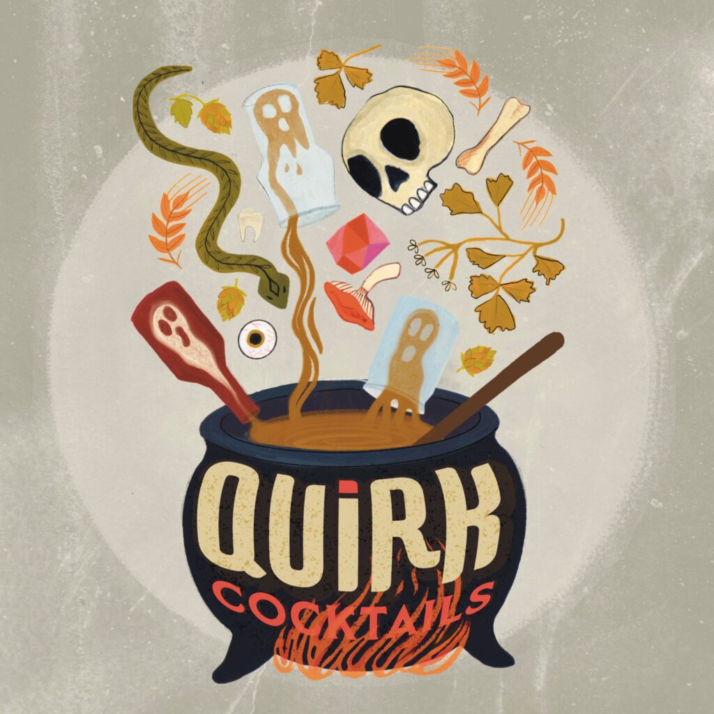 A bubbling black cauldron labeled "Quirk Cocktails" with ghosts, a skull, bones, an eyeball, a snake, leaves, and a gem floating above sets the scene for Rec Deck the Halls against a textured gray background.