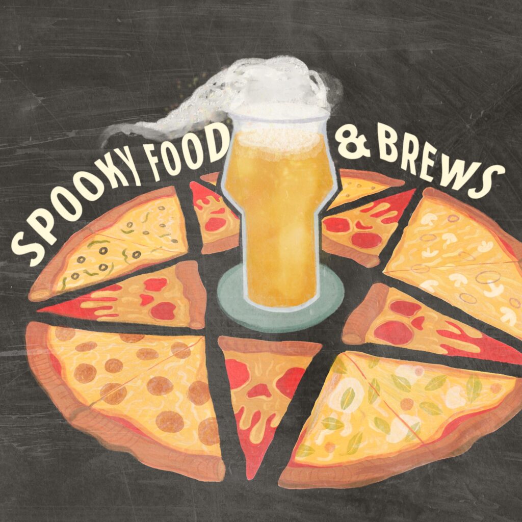 Illustration of a glass of beer with foam at the center of a pizza divided into slices, featuring "Spooky Food & Brews" in curved letters above. The chalkboard-style background adds charm to this festive Rec Deck the Halls design.