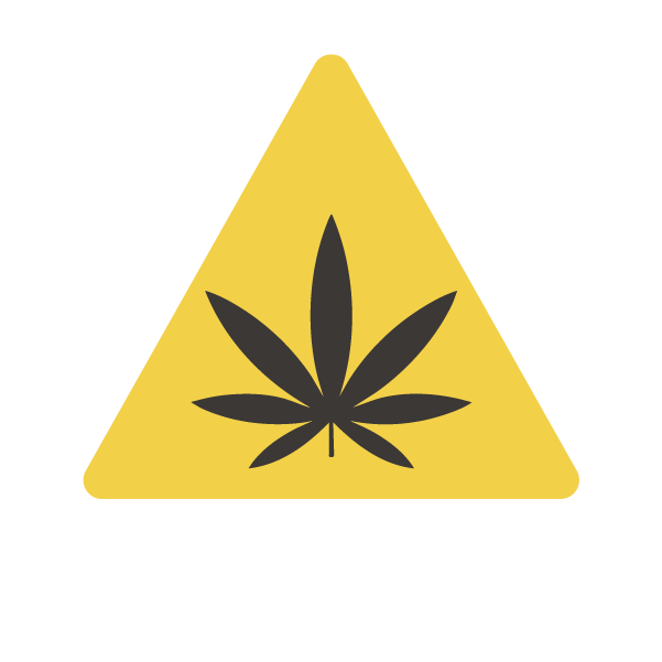 A yellow triangle warning sign with a black cannabis leaf in the center, and the letters "THC Seltzer" written below.