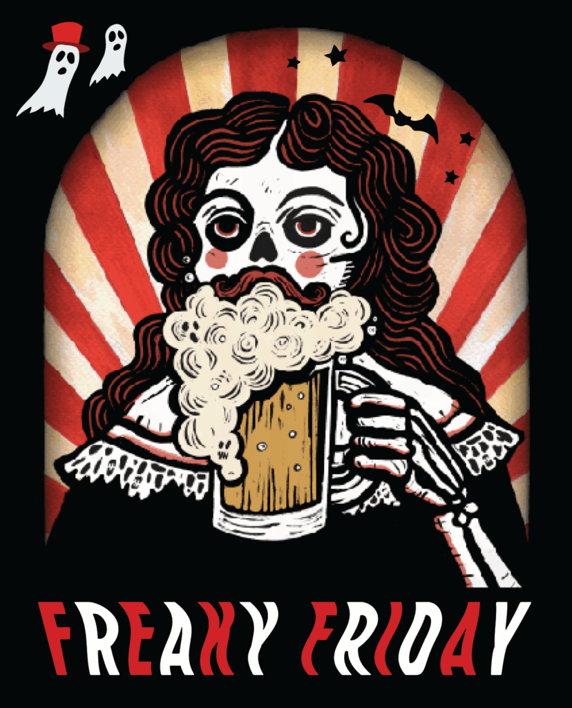 A skeleton in vintage clothes sips a frothy beer on Boolevard, with red and white rays in the background. Two cartoon ghosts and a bat fly above. Bold, stylized letters at the bottom read "Freaky Friday.