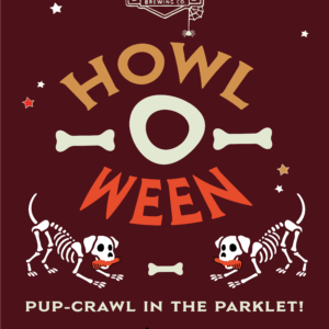 Poster for "Howl-O-Ween" at Boulevard Brewing Co. features two cartoon dog skeletons, bones, and stars on a dark background. Event details: Pup-crawl in the Parklet, October 26 at 1:30 PM.