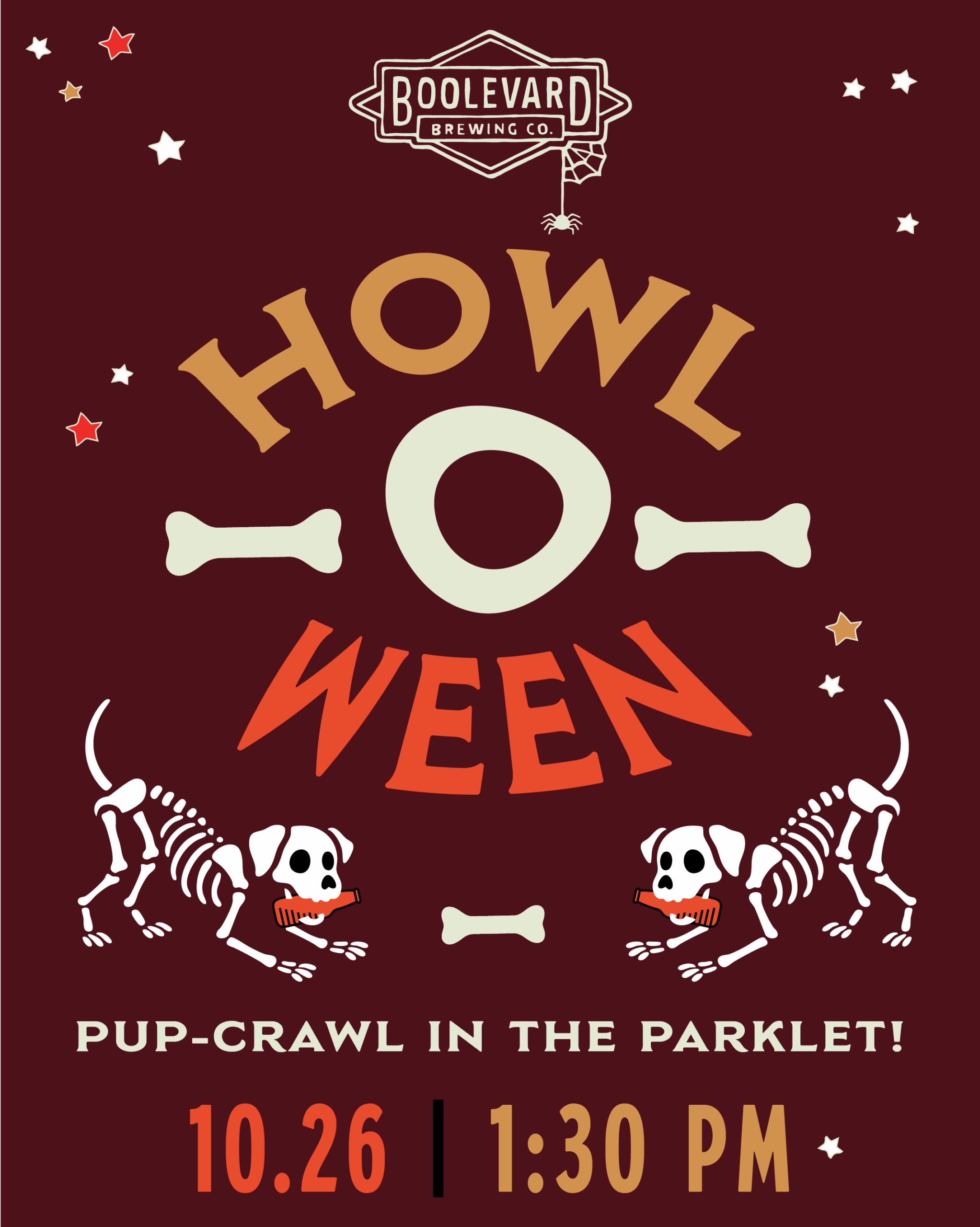 Poster for "Howl-O-Ween" at Boulevard Brewing Co. features two cartoon dog skeletons, bones, and stars on a dark background. Event details: Pup-crawl in the Parklet, October 26 at 1:30 PM.
