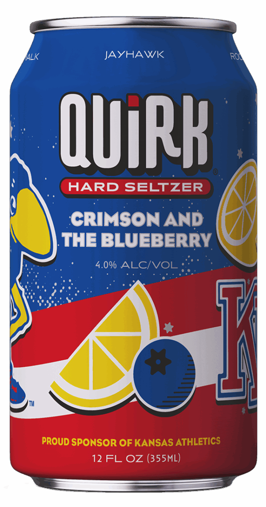 A blue, red, and white Quirk Hard Seltzer can labeled "Crimson and the Blueberry," with blueberry, lemon, and Wild Cherry Charge illustrations, a mascot, and University of Kansas Jayhawks branding. 12 fl oz, 4.0% alcohol.