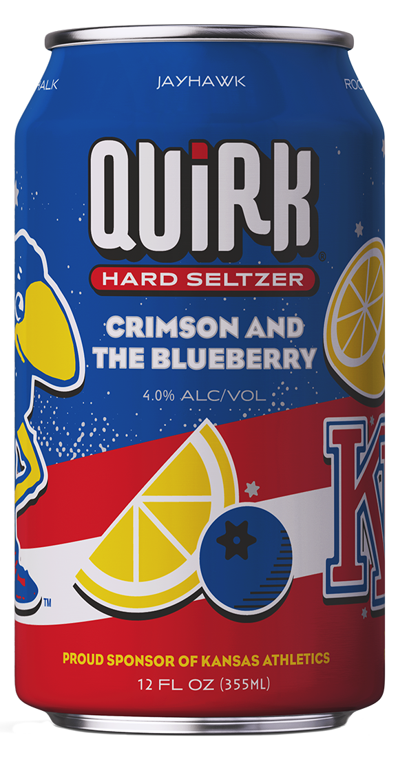 A blue, red, and white Quirk Hard Seltzer can labeled "Crimson and the Blueberry," with blueberry, lemon, and Wild Cherry Charge illustrations, a mascot, and University of Kansas Jayhawks branding. 12 fl oz, 4.0% alcohol.
