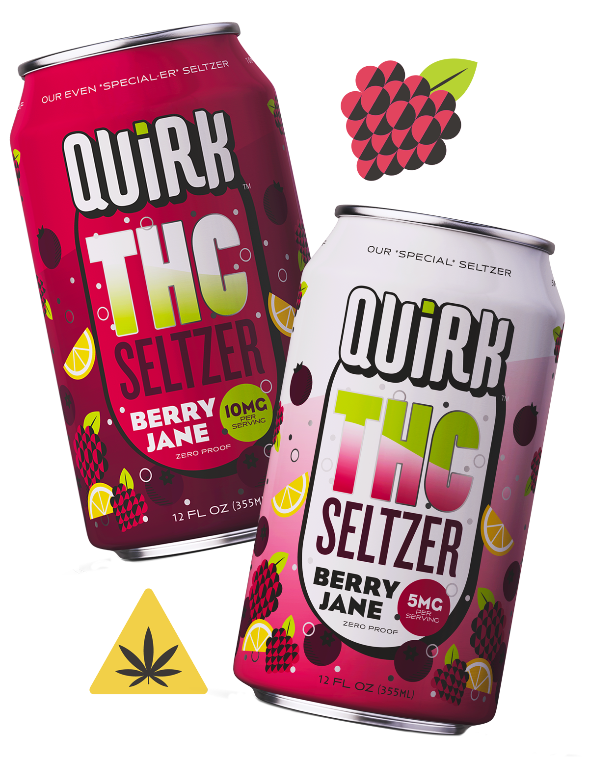 Two cans of Quirk THC Seltzer, Berry Jane flavor—one with 10mg THC (red can) and one with 5mg THC (silver can)—feature illustrated berries and cannabis symbols in the background, highlighting this flavorful THC Seltzer option.