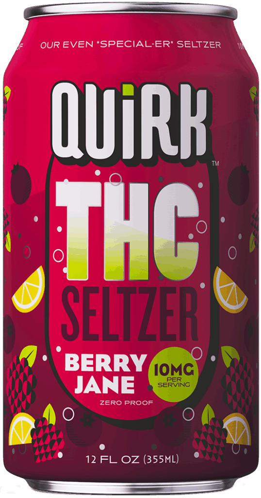 A red can of Quirk THC Seltzer, Berry Jane flavor, featuring fruit illustrations and text showing 10mg THC per serving, zero proof, and a 12 fl oz (355ml) size.