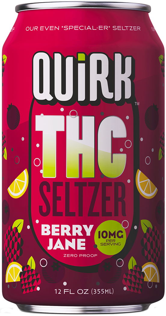 A red can of Quirk THC Seltzer, Berry Jane flavor, featuring fruit illustrations and text showing 10mg THC per serving, zero proof, and a 12 fl oz (355ml) size.
