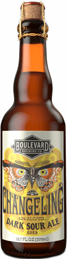 A brown glass bottle of Boulevard Brewing Co. Changeling Dark Sour Ale, 8.2% ABV, with a yellow and silver label featuring an illustrated owl with outstretched wings and bold black and gold text.