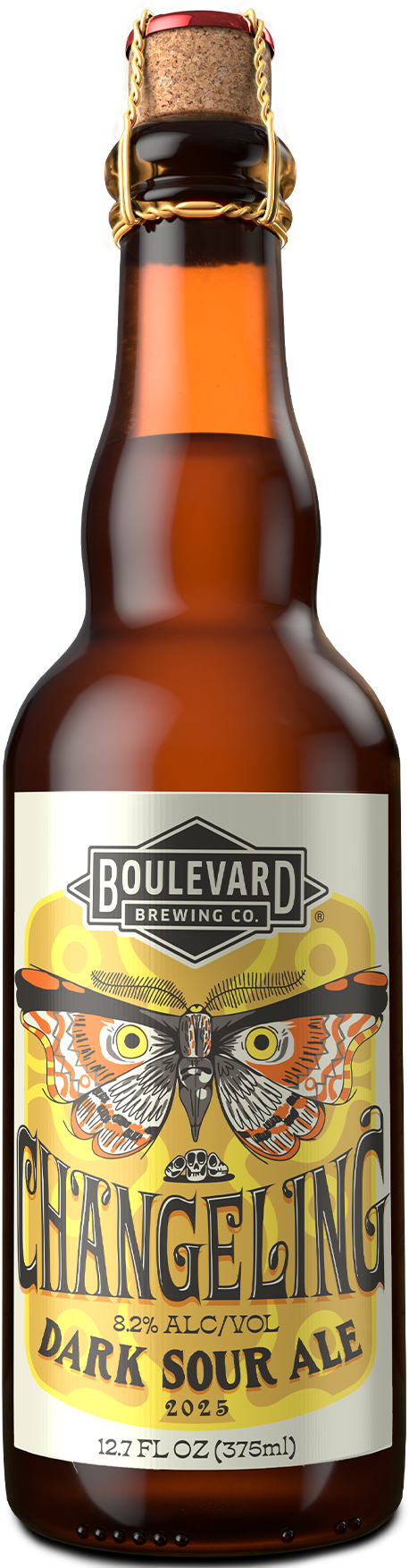 A brown glass bottle of Boulevard Brewing Co. Changeling Dark Sour Ale, 8.2% ABV, with a yellow and silver label featuring an illustrated owl with outstretched wings and bold black and gold text.