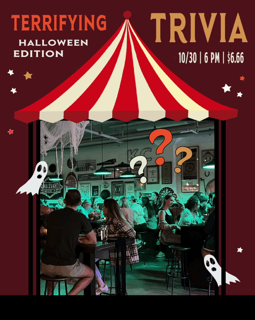 A Halloween-themed trivia night poster shows people at tables under spooky lights on Boolevard, with ghost and question mark graphics, and event details: "Terrifying Trivia, Halloween Edition, 10/30, 6PM, $6.66.